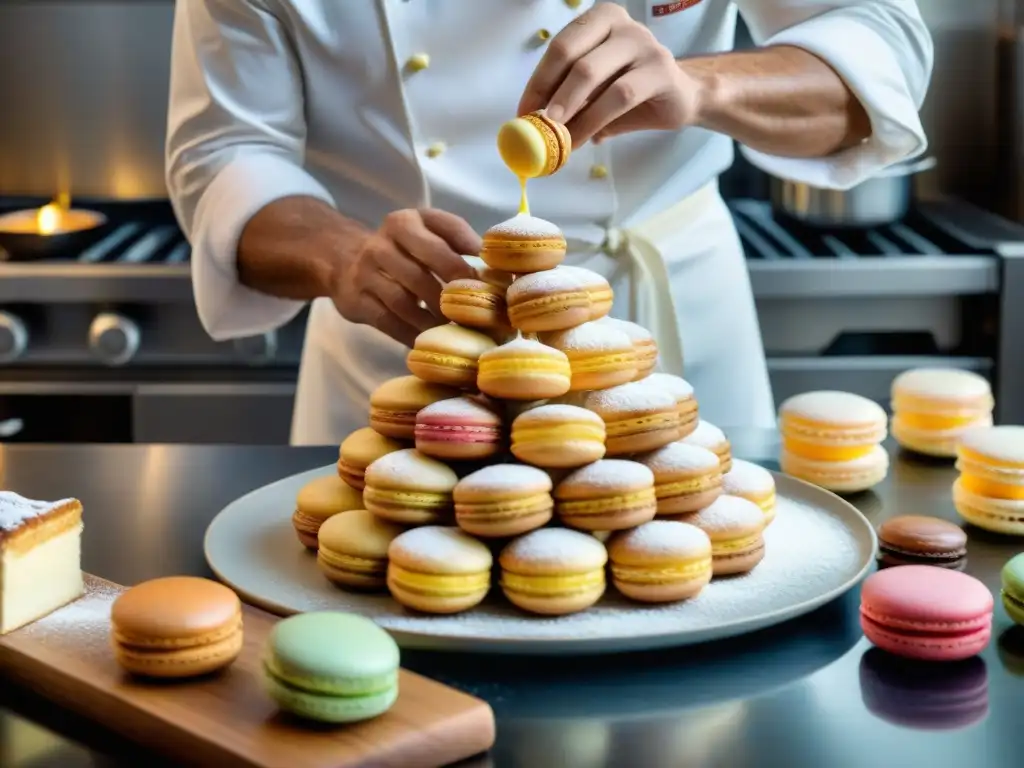 Un chef francés experto creando una delicada pastelería en una cocina parisina