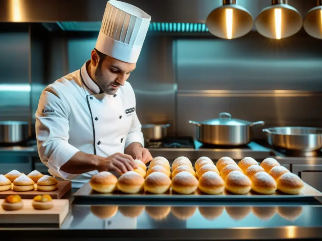 Un chef francés experto elaborando una delicada pastelería en una cocina moderna