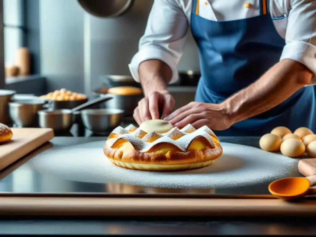 Un chef francés experto creando una delicada pastelería en una cocina parisina, mostrando la precisión del estilo culinario francés personalizado