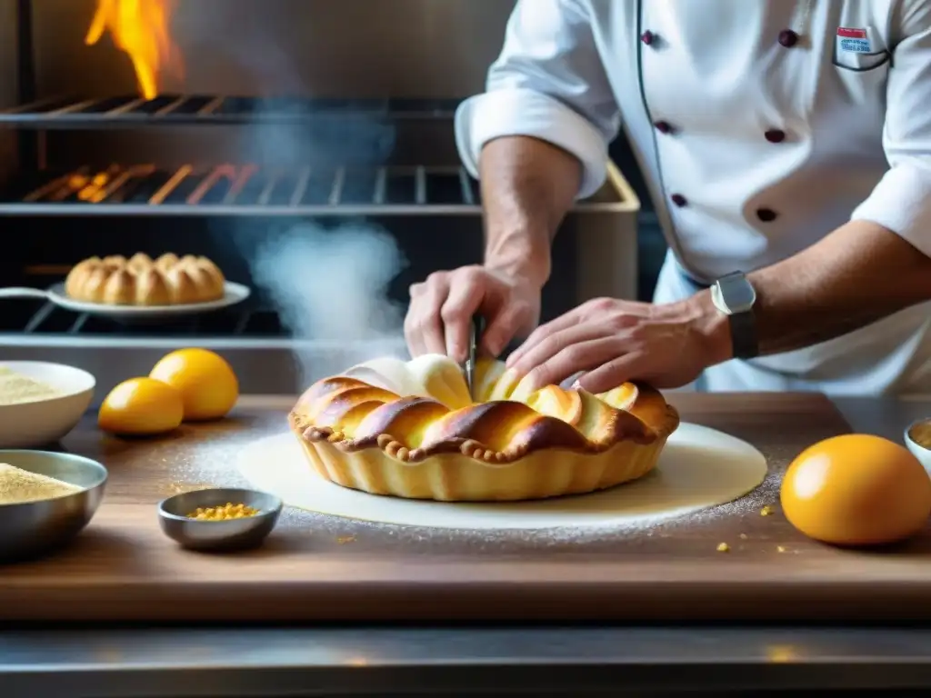 Un chef francés experto elaborando una delicada pastelería en una bulliciosa cocina parisina