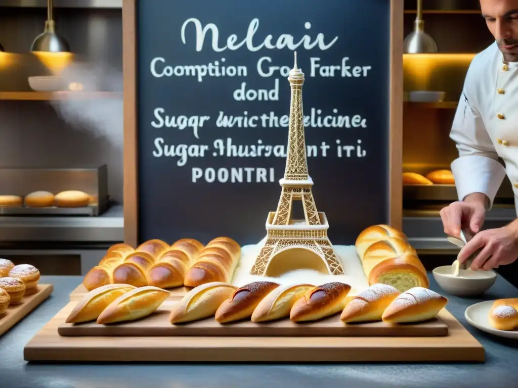 Un chef francés experto esculpe con maestría una delicada Torre Eiffel de azúcar en una bulliciosa boulangerie parisina