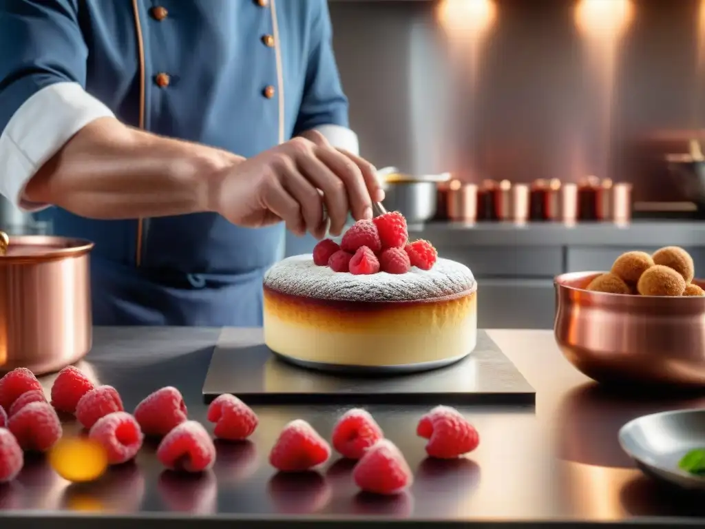 Un chef francés experto elabora un delicado soufflé de frambuesa en un estudio de cocina moderno