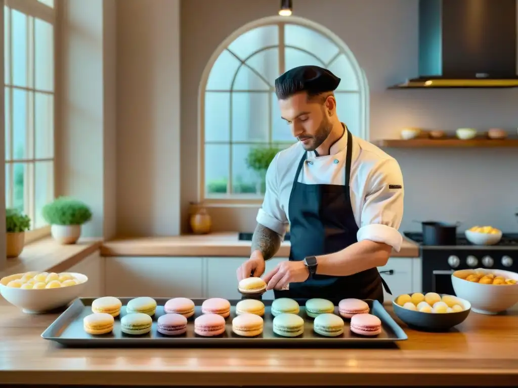 Un chef francés experto elaborando delicados macarons en una cocina parisina tradicional