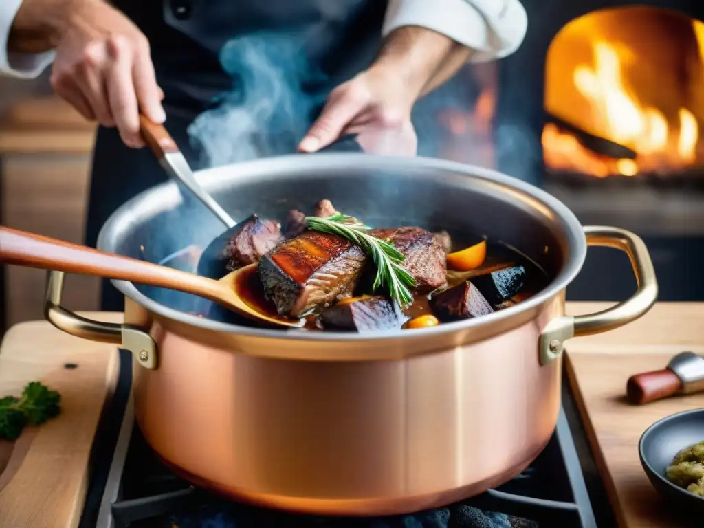 Un chef francés experto removiendo un delicioso Coq au Vin sobre fuego de leña