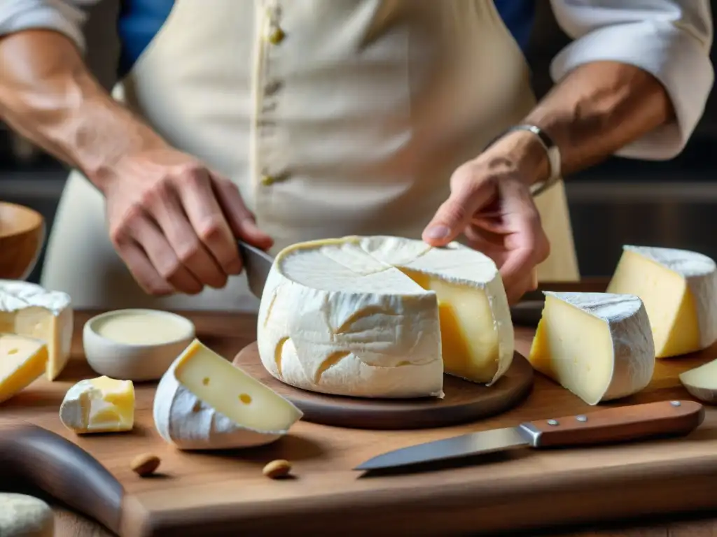 Un chef francés experto elabora un delicioso queso Camembert, resaltando la tradición y arte de los alimentos fermentados franceses salud