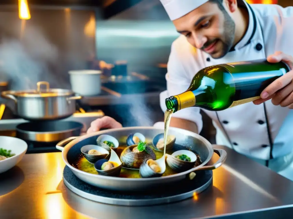 Un chef francés experto vierte champán en escargots, capturando maridajes con Champagne en cocina francesa