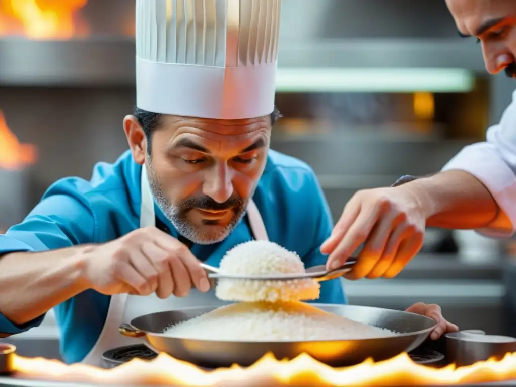 Un chef francés experto moldea una escultura de azúcar en un concurso culinario, creando una obra maestra