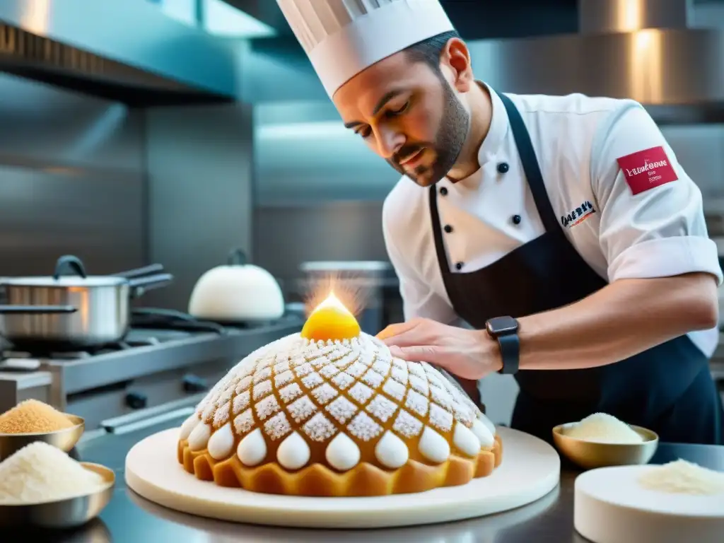 Un chef francés experto moldea una escultura de azúcar con técnicas avanzadas de cocina francesa, en una cocina profesional