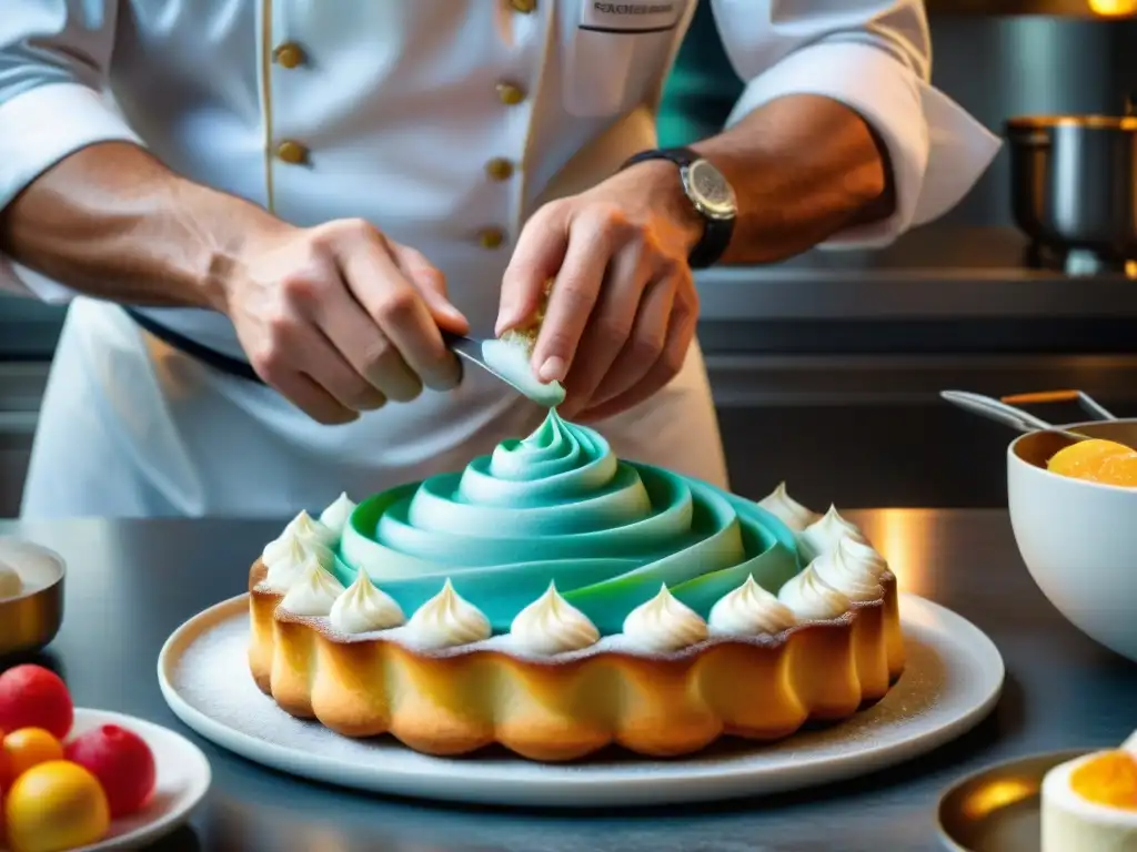 Un chef francés experto creando una escultura de azúcar con técnicas de cocina francesa avanzadas