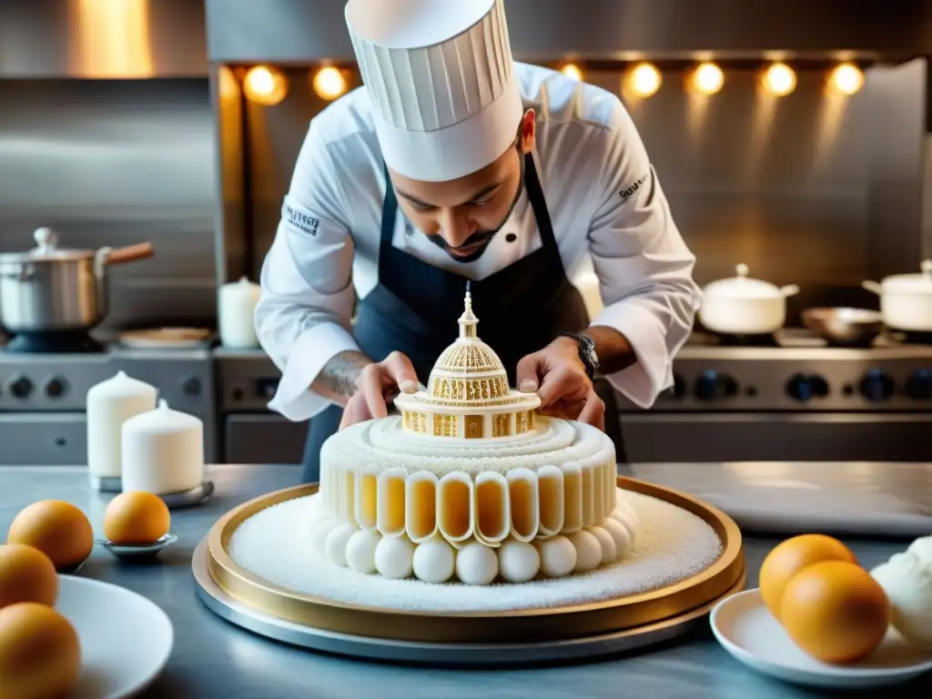 Un chef francés experto creando una escultura de azúcar con técnicas avanzadas cocina francesa chefs