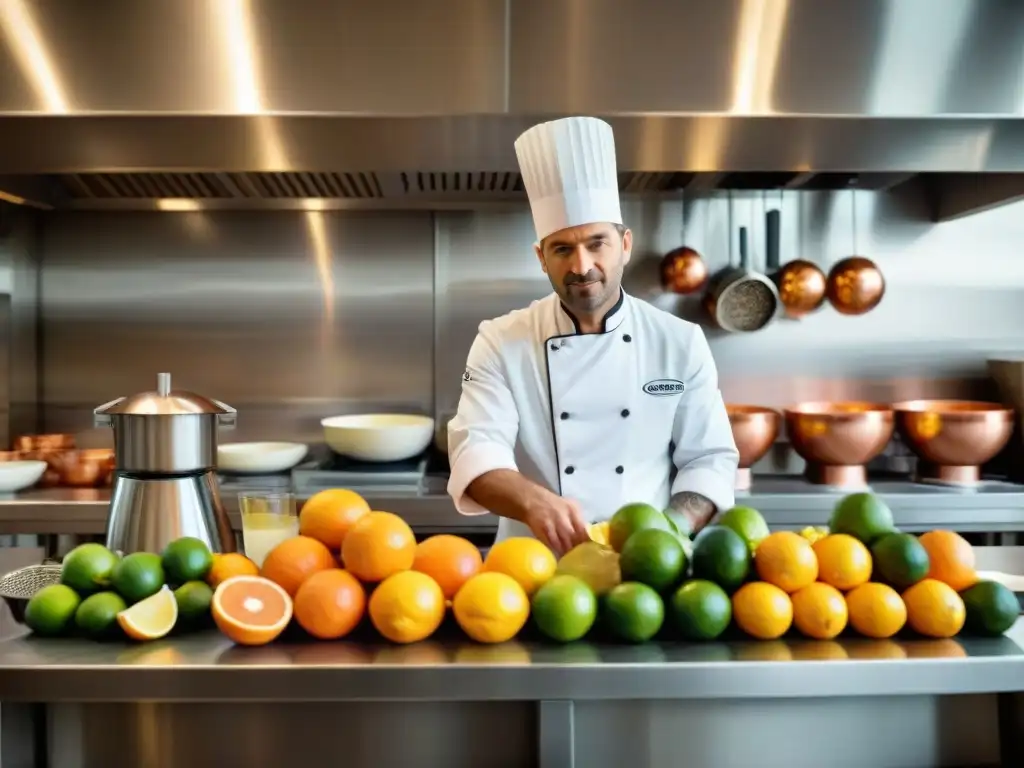 Un chef francés experto usando un exprimidor de cítricos en una cocina tradicional francesa