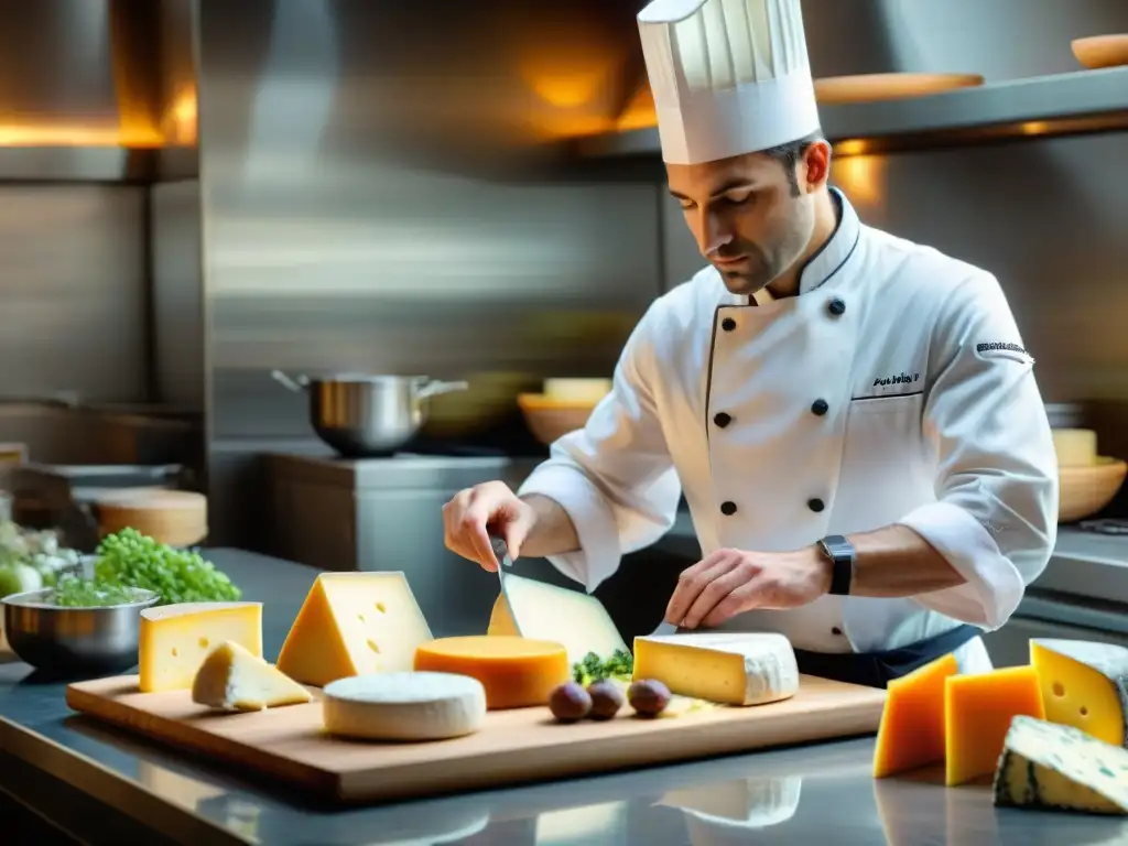 Un chef francés experto preparando una exquisita tabla de quesos en una elegante cocina parisina