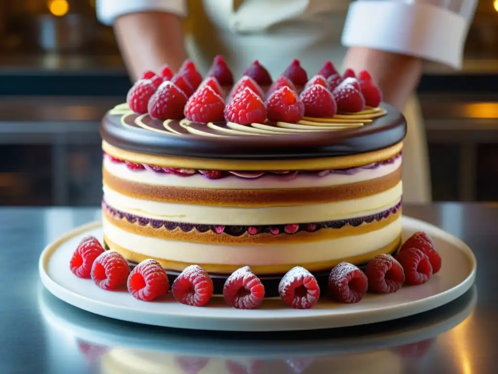 Un chef de pastelería francés experto decorando un exquisito pastel de ópera