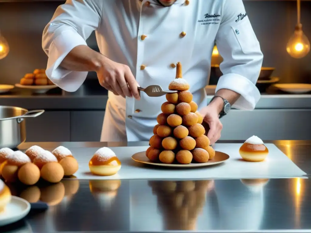 Un chef francés experto creando un exquisito croquembouche en una cocina tradicional