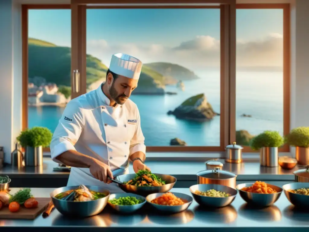 Un chef francés experto preparando un exquisito platillo de mar en una cocina moderna con vista al mar en Bretaña