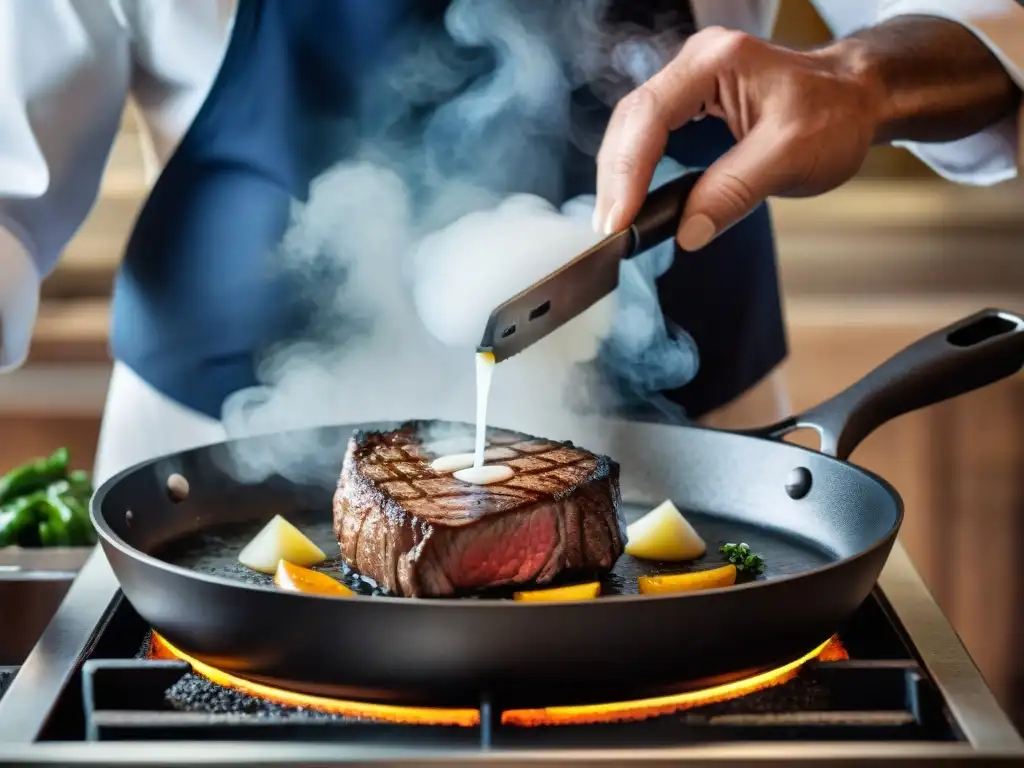 Un chef francés experto sellando un filete en la mejor sartén para cocina francesa