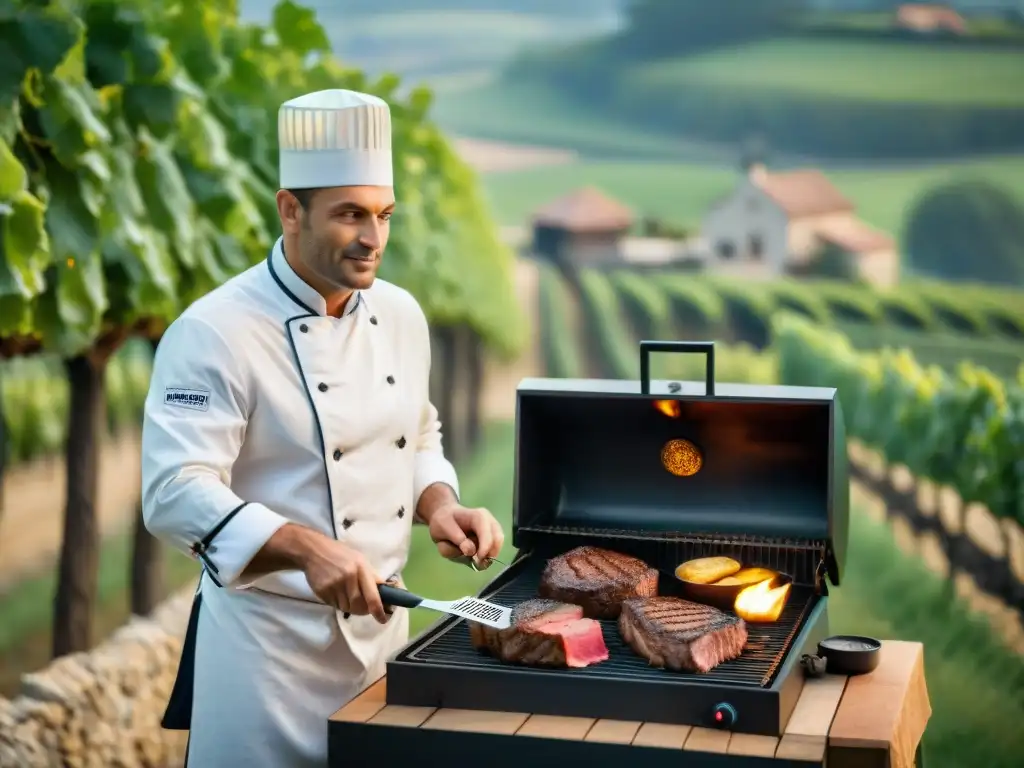 Un chef francés experto asando un filete premium en parrilla de carbón, ilustrando la técnica de asado con influencia francesa