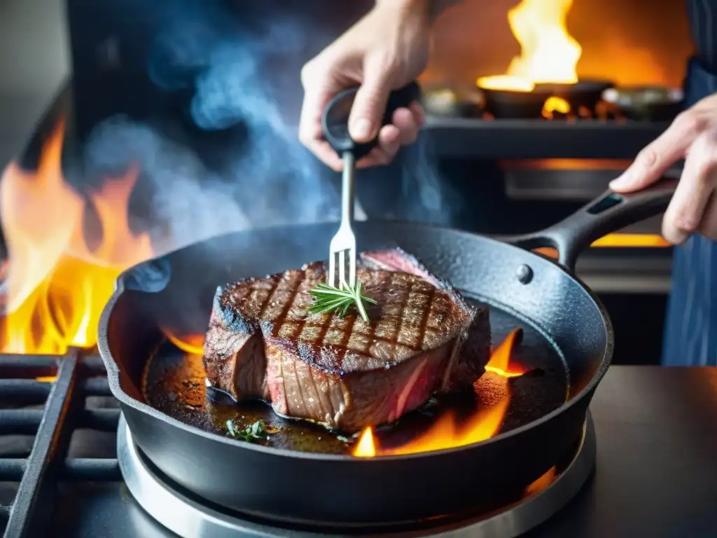 Un chef francés experto sellando un filete en sartén de hierro fundido, destacando la precisión y arte culinario