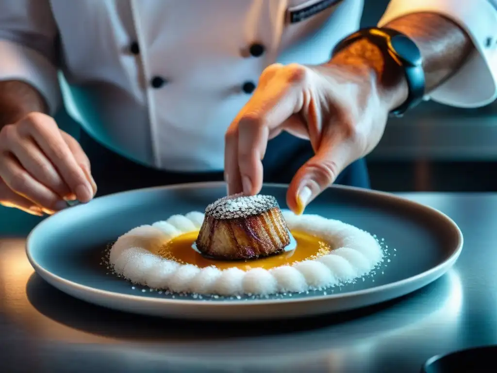 Un chef francés experto espolvorea Flor de Sal sobre un plato gourmet en una cocina innovadora, resaltando elegancia y sofisticación