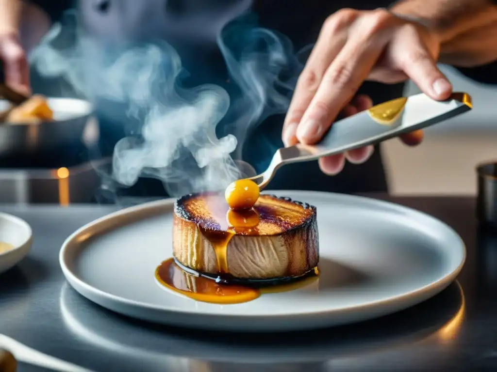 Un chef francés experto caramelizando un foie gras con precisión, reflejando la elaboración del foie gras gourmet francés