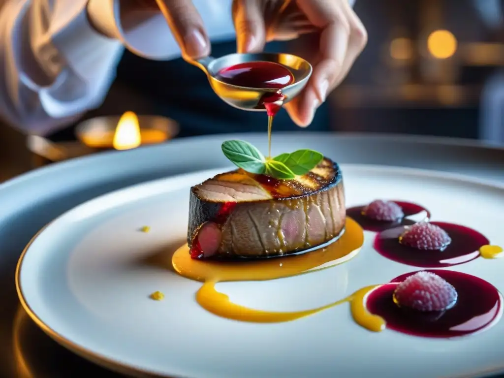 Un chef francés experto colocando foie gras sobre coulis de frambuesa en una cena PopUp gastronomía francesa