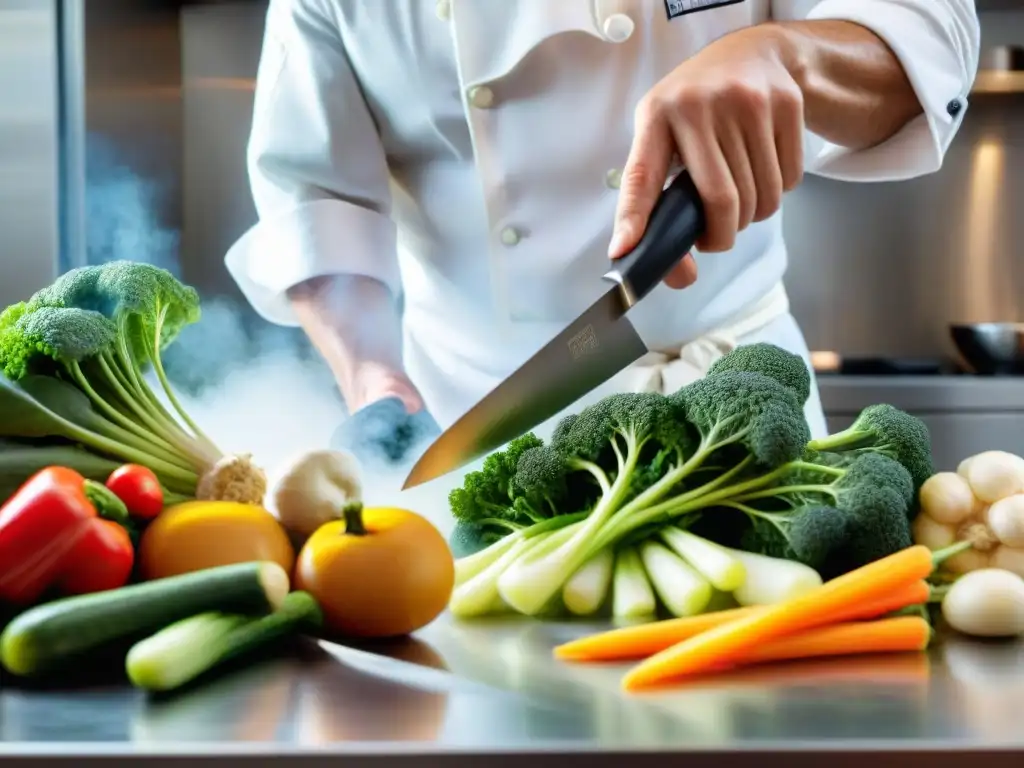 Un chef francés experto tallando con precisión formas en vibrantes vegetales, fusionando tradición e innovación culinaria