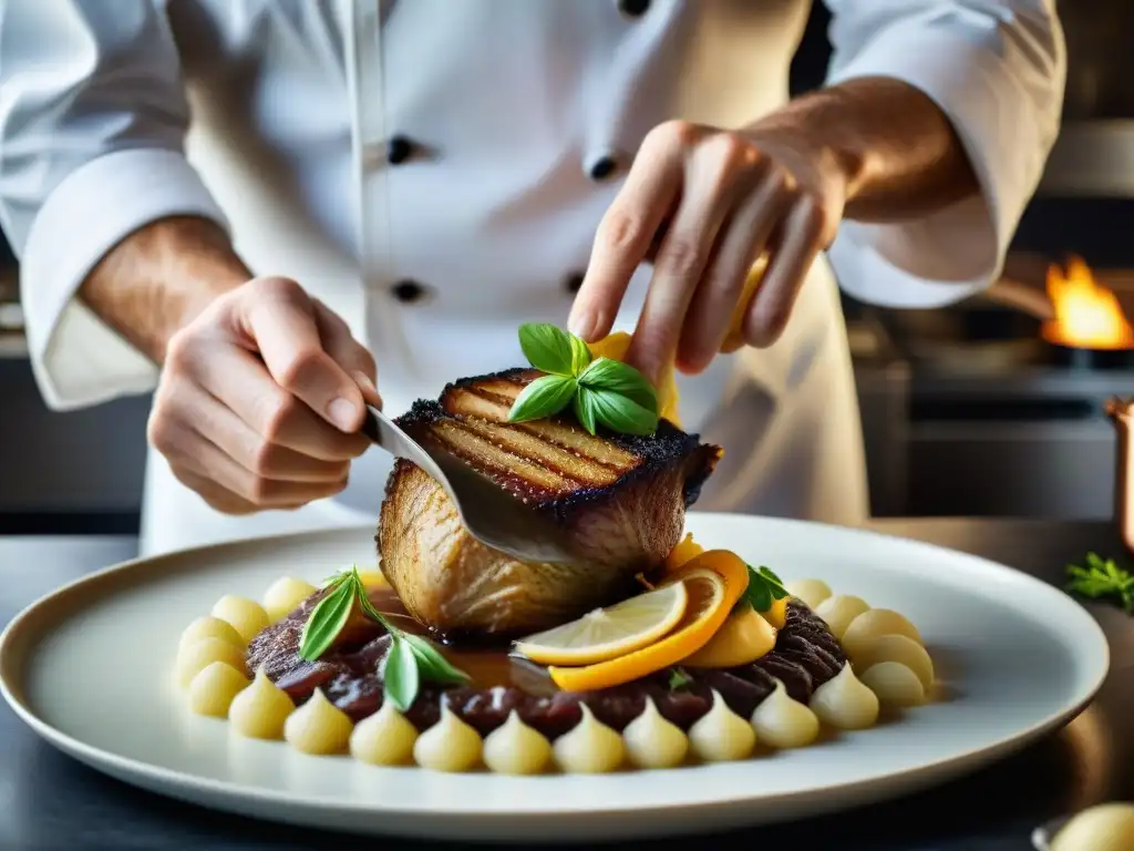 Un chef francés experto rallando raíz de jengibre fresco en un potente cocido de coq au vin