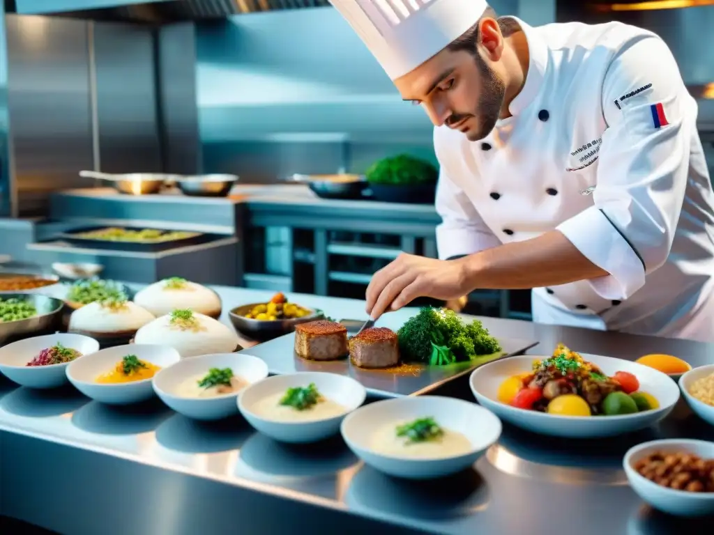 Un chef francés experto preparando una fusión de ingredientes tradicionales con técnicas modernas