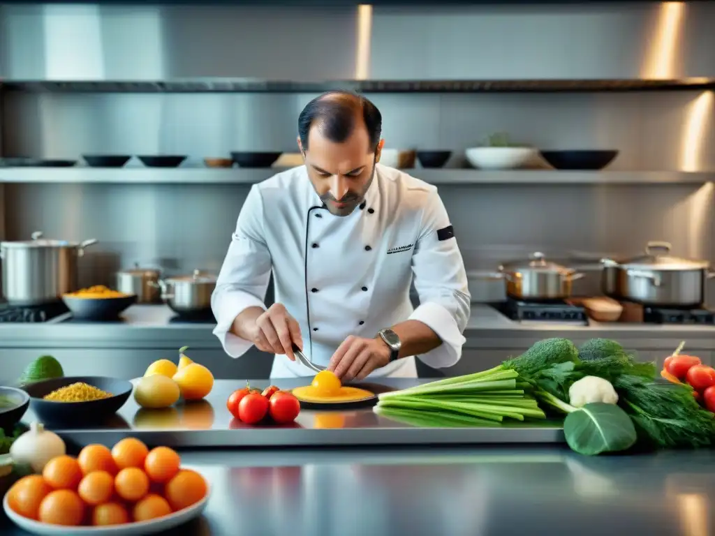 Un chef francés experto fusionando la gastronomía francesa tradicional con innovaciones modernas en una cocina de vanguardia