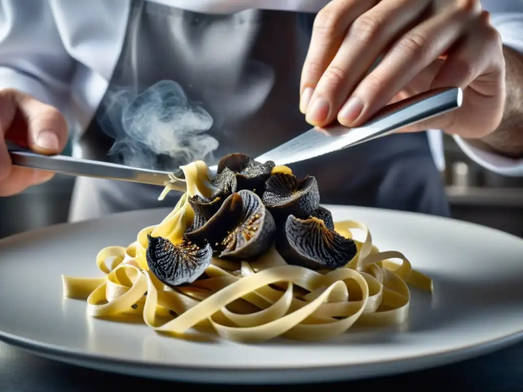 Un chef francés experto muestra sus habilidades al rallar una rara trufa negra sobre tagliatelle fresco, en una cocina de alto nivel