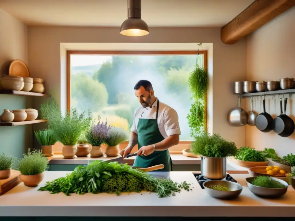 Un chef francés experto seleccionando y preparando hierbas frescas en una cocina tradicional, resaltando el uso de hierbas en la cocina francesa