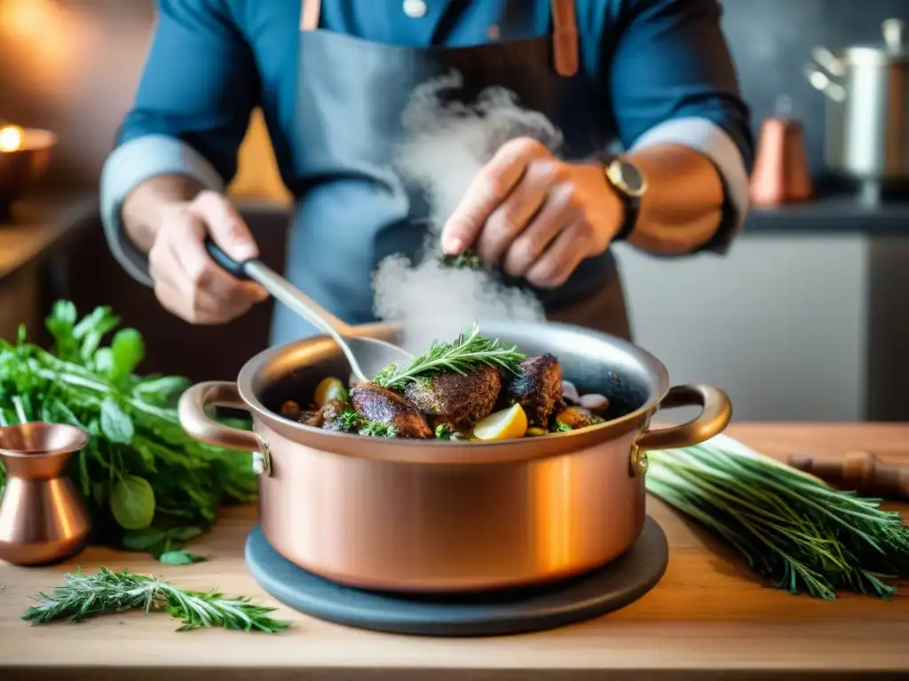 Un chef francés experto usa hierbas en su cocina, mientras añade tomillo fresco a un guiso de Coq au Vin