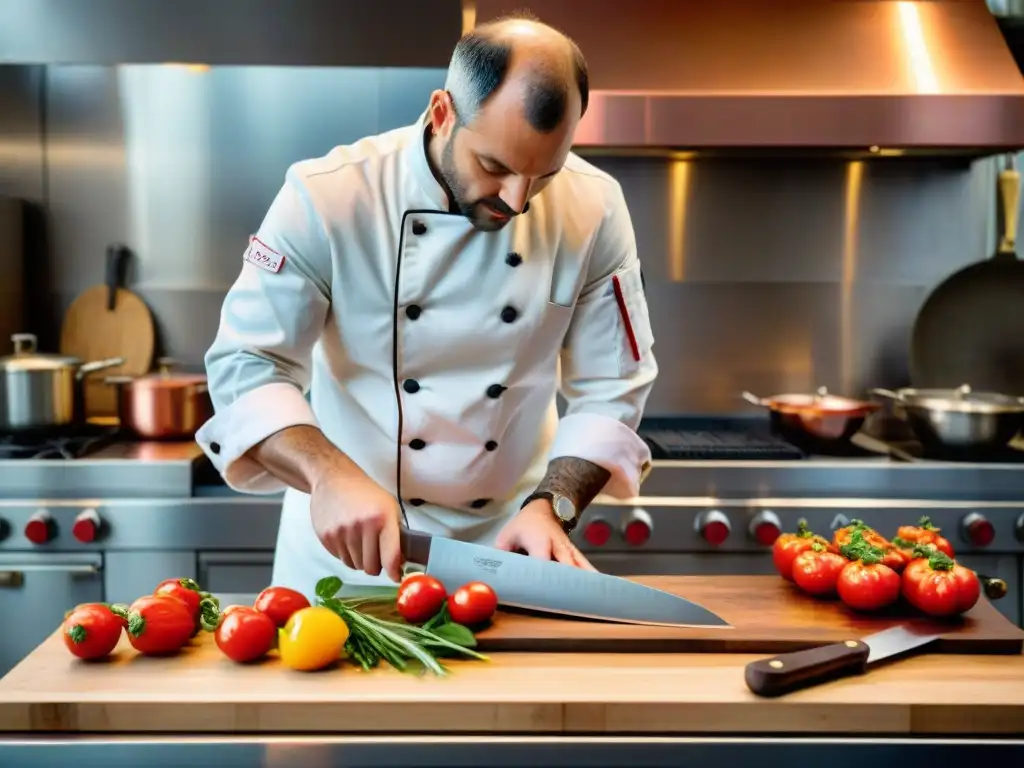 Un chef francés experto cortando hierbas frescas con un cuchillo de chef de acero de Damasco en una cocina francesa vibrante