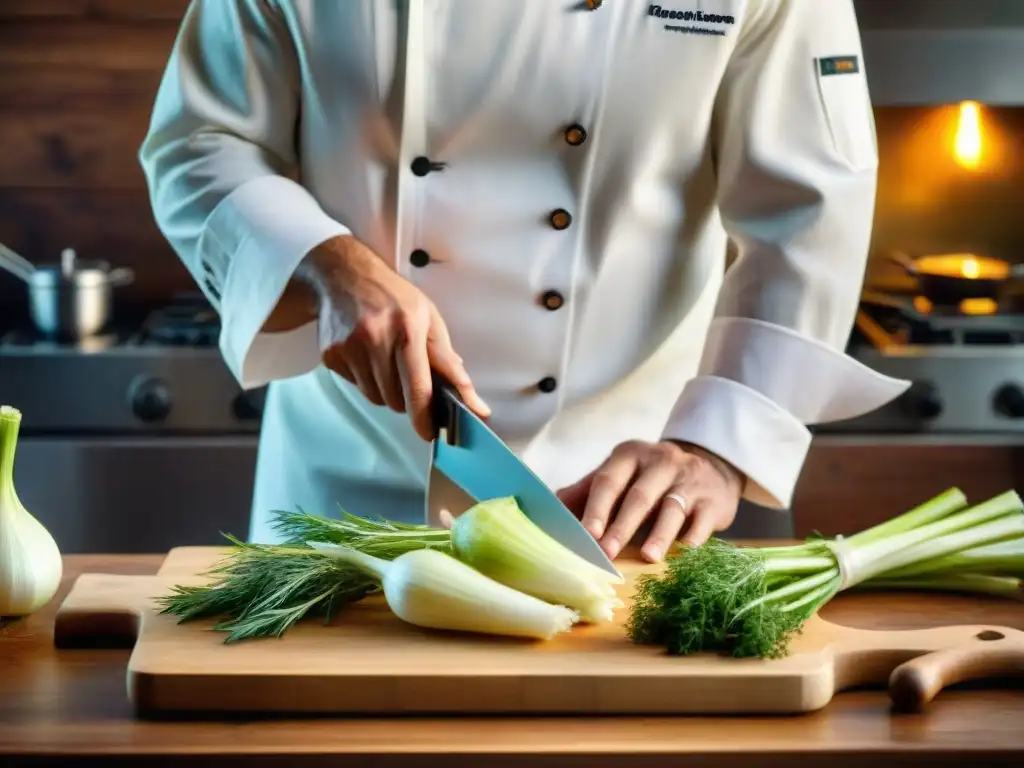 Un chef francés experto cortando hinojo fresco en una tabla de madera, con hierbas y especias mediterráneas