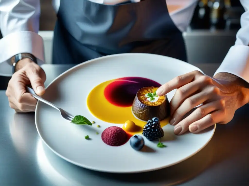 Un chef francés experto en gastronomía plasmando la importancia del color en la presentación de un plato vibrante