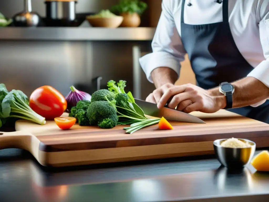 Un chef francés experto cortando ingredientes frescos en una tabla de cortar de cocina francesa