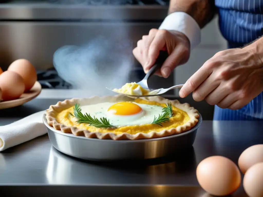 Un chef francés experto mezcla ingredientes con precisión y destreza, destacando las técnicas para quiche perfecto