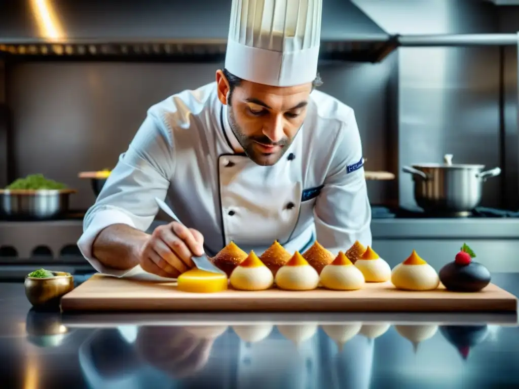 Un chef francés experto en innovaciones culinarias en gastronomía francesa crea un postre delicado en una cocina parisina bulliciosa