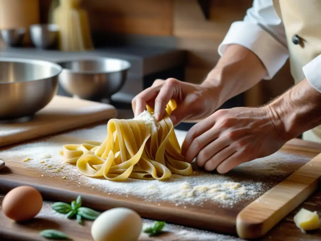 Un chef francés experto creando innovaciones culinarias en pasta francesa en una cocina rústica