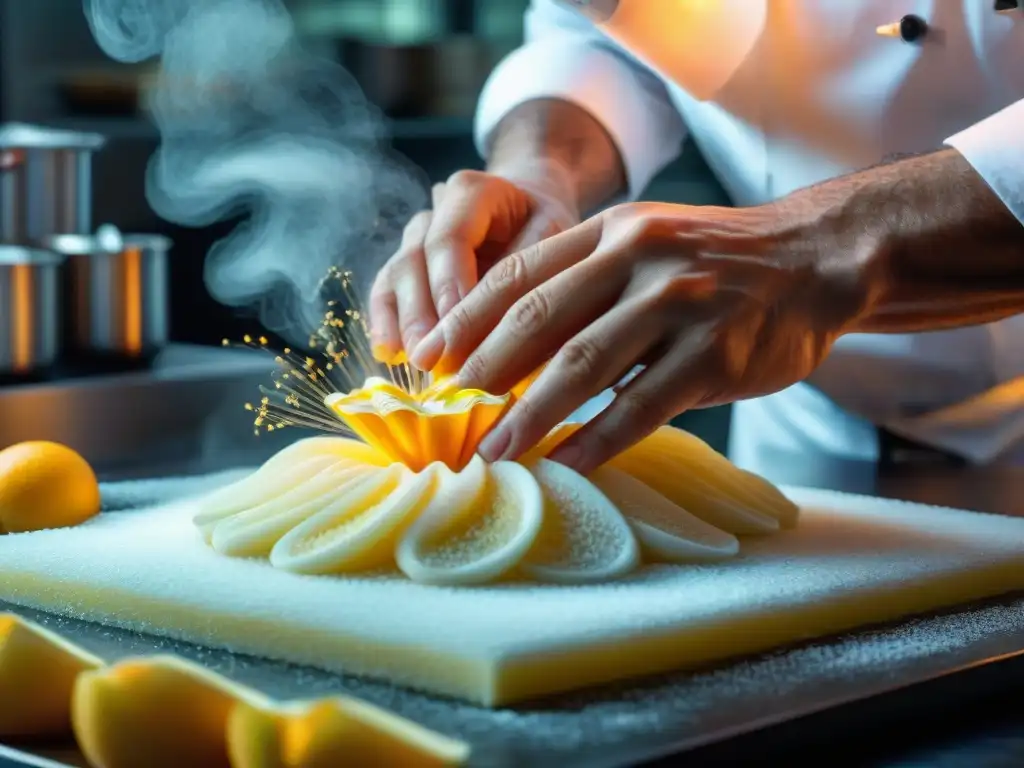 Maestro francés esculpe una obra maestra floral de azúcar Un chef francés experto moldea una intrincada escultura de azúcar en una cocina parisina, reflejando la innovación culinaria francesa aplicada