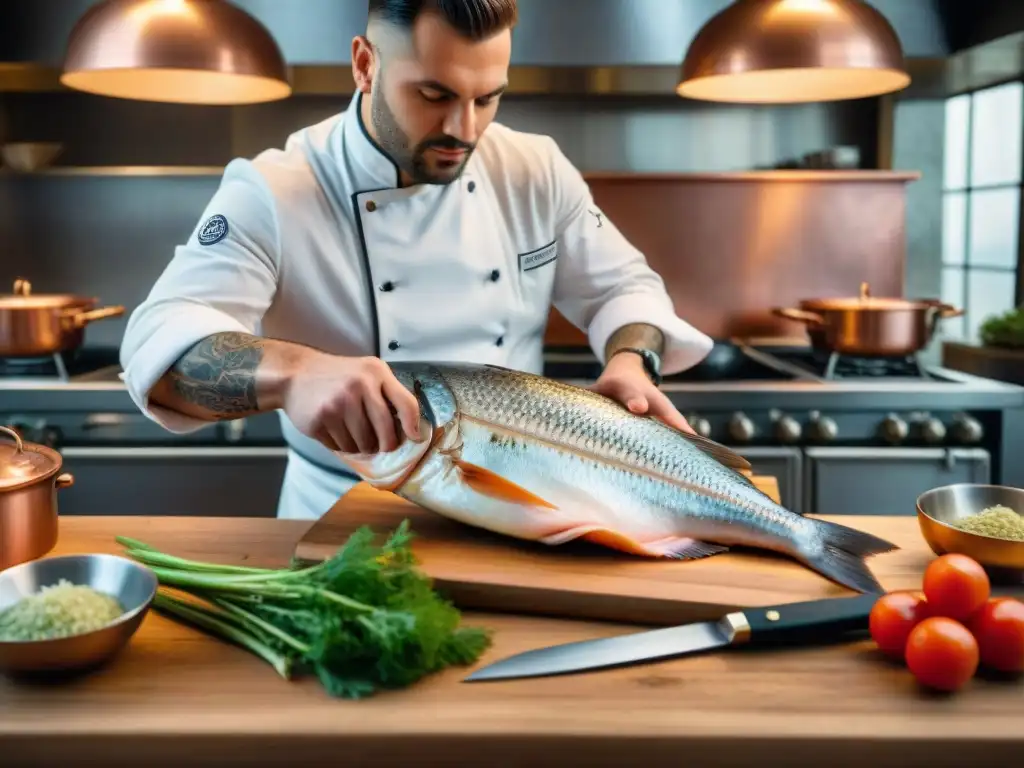 Un chef francés experto filetea un lenguado con precisión y destreza en una cocina parisina, mostrando técnicas básicas de cocina francesa