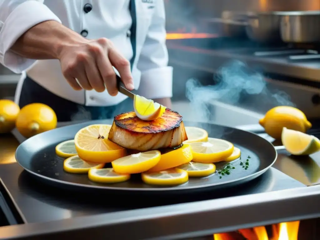 Un chef francés experto zesteando un limón sobre mariscos en una cocina parisina