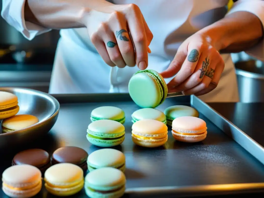 Un chef francés experto elaborando macarons en un taller de cocina francesa, mostrando precisión y arte culinario