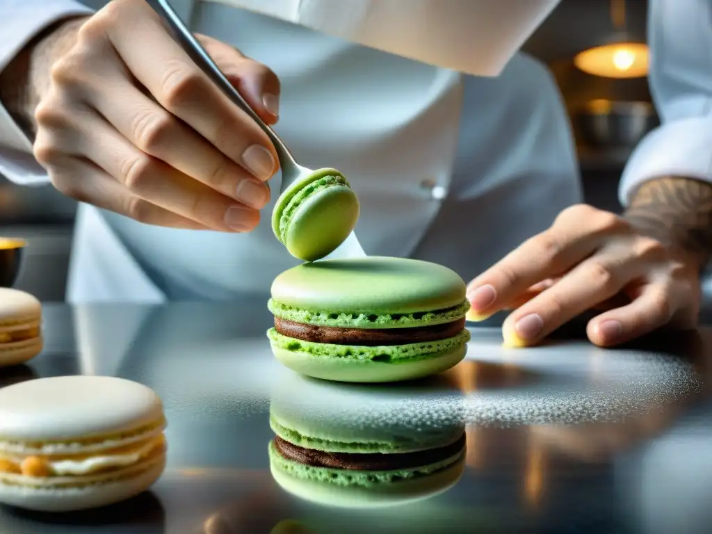 Un chef francés experto elaborando macarons con armonía gastronómica entre Francia y Asia