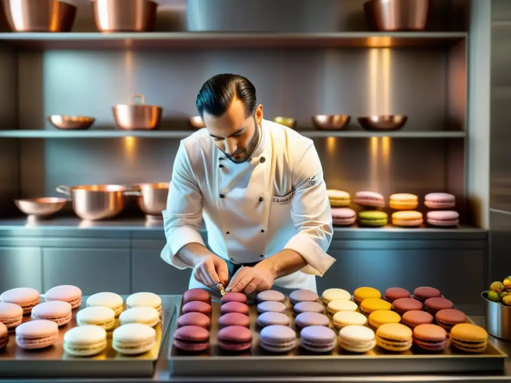 Un chef francés experto elaborando macarons en una cocina parisina, rodeado de ingredientes coloridos