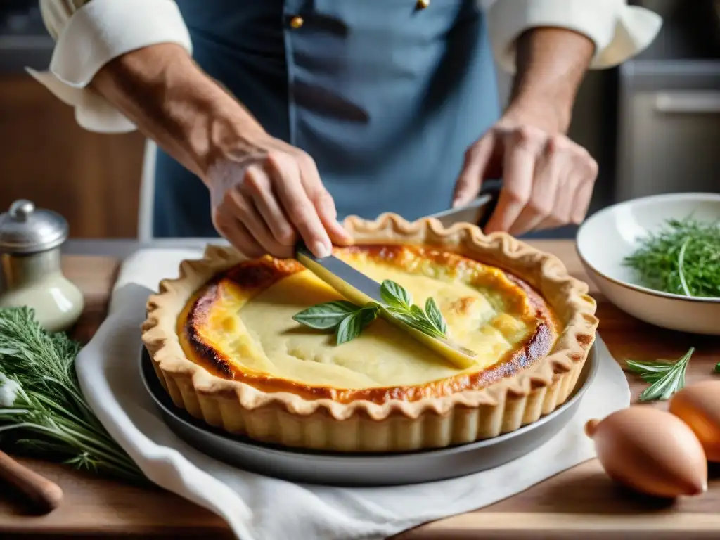 Un chef francés experto elaborando a mano una receta tradicional quiche francesa con precisión y destreza en una cocina rústica y soleada