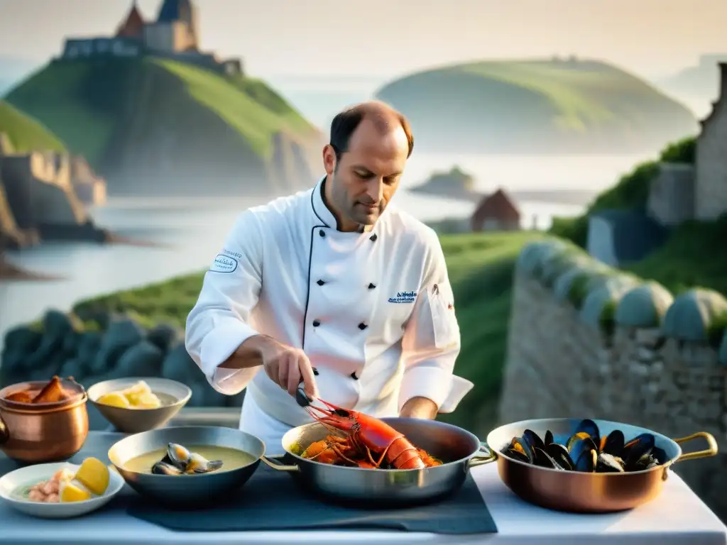 Un chef francés experto prepara mariscos de Normandía en la cocina de Mont Saint Michel