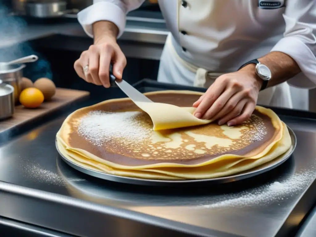 Maestro crepero francés: arte en acción Un chef francés experto extiende masa de crepes en una crepera para auténticas crepes francesas, capturando la esencia culinaria