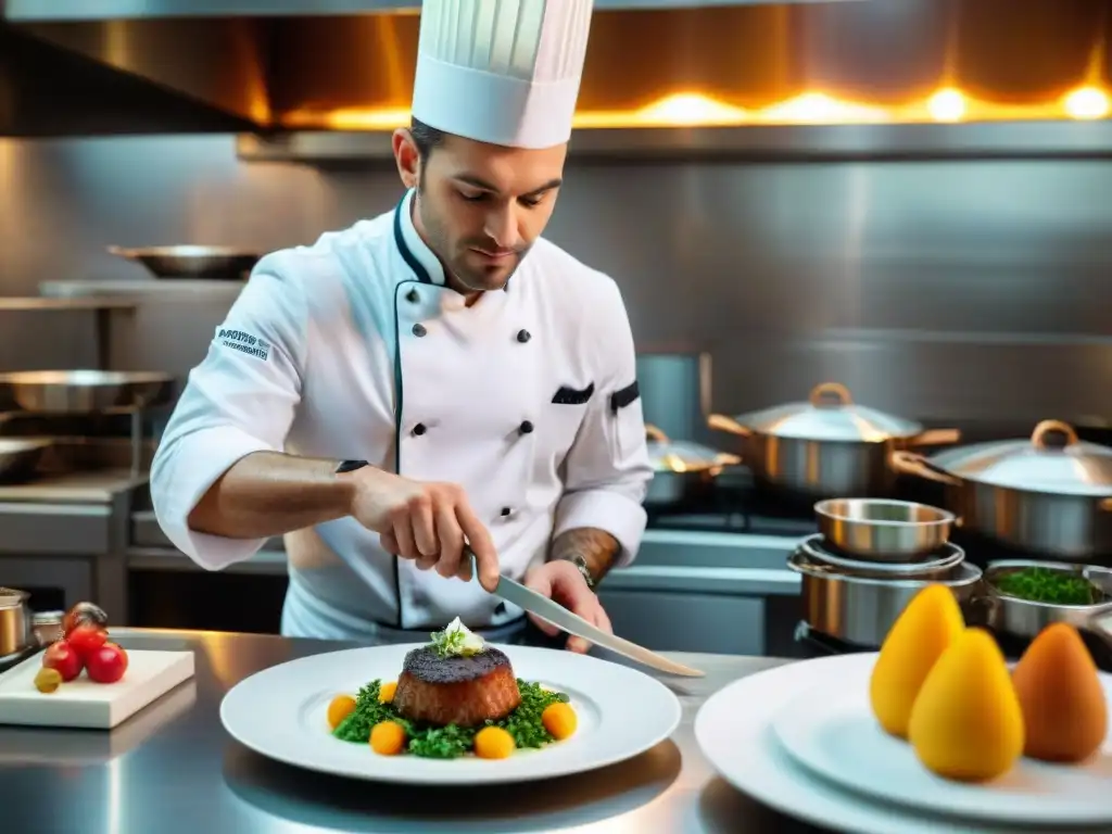 Un chef francés experto creando menús gastronomía francesa innovadores con precisión y arte en una cocina animada