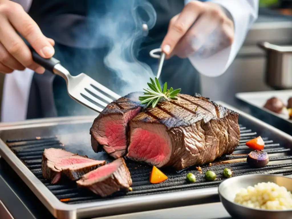 Un chef francés experto prepara Chateaubriand y Filet Mignon en una parrilla, mostrando la técnica y arte culinario